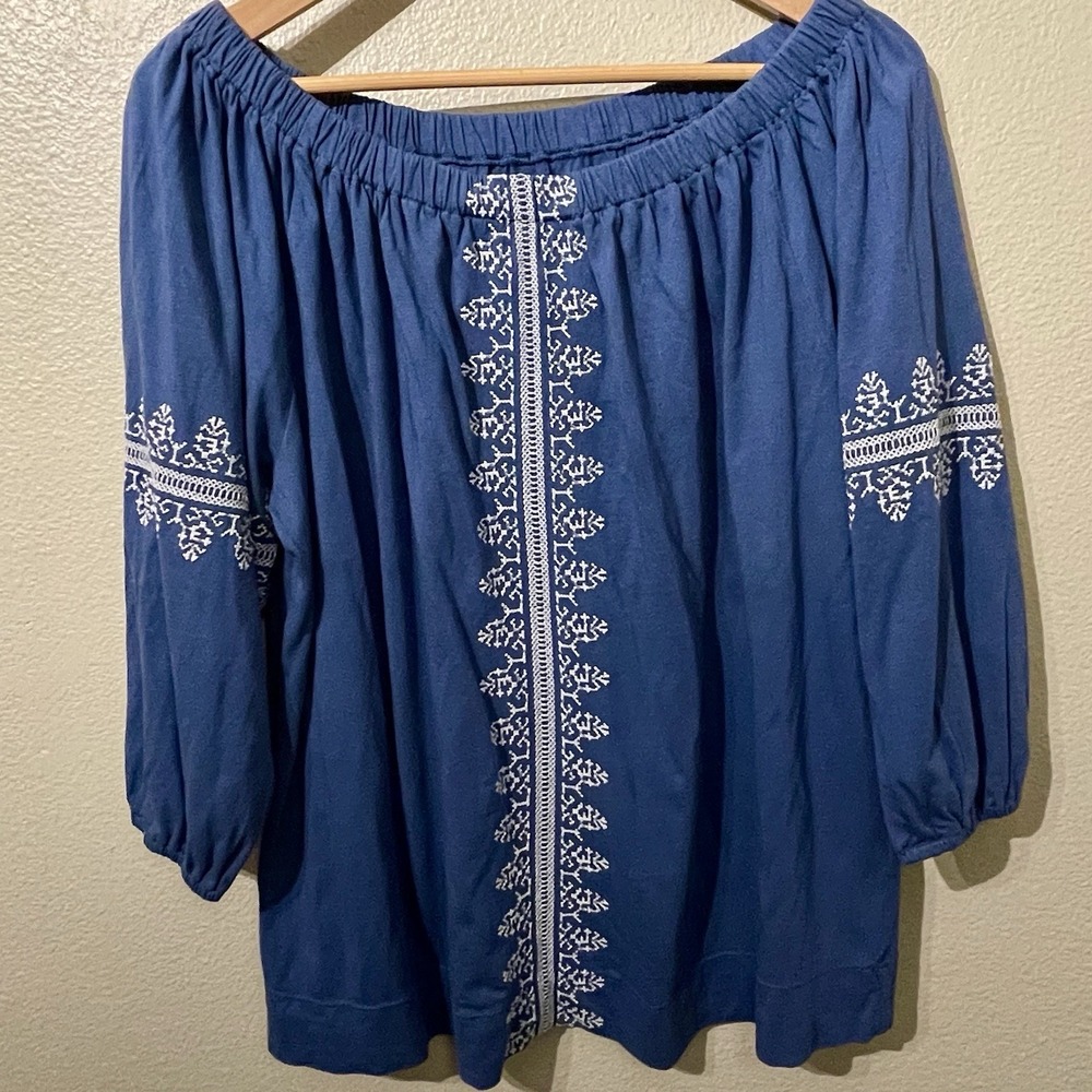Chaps‎ Embroidered Off Shoulder Shirt Top 3/4 Sleeve Blue Boho Romantic Size L